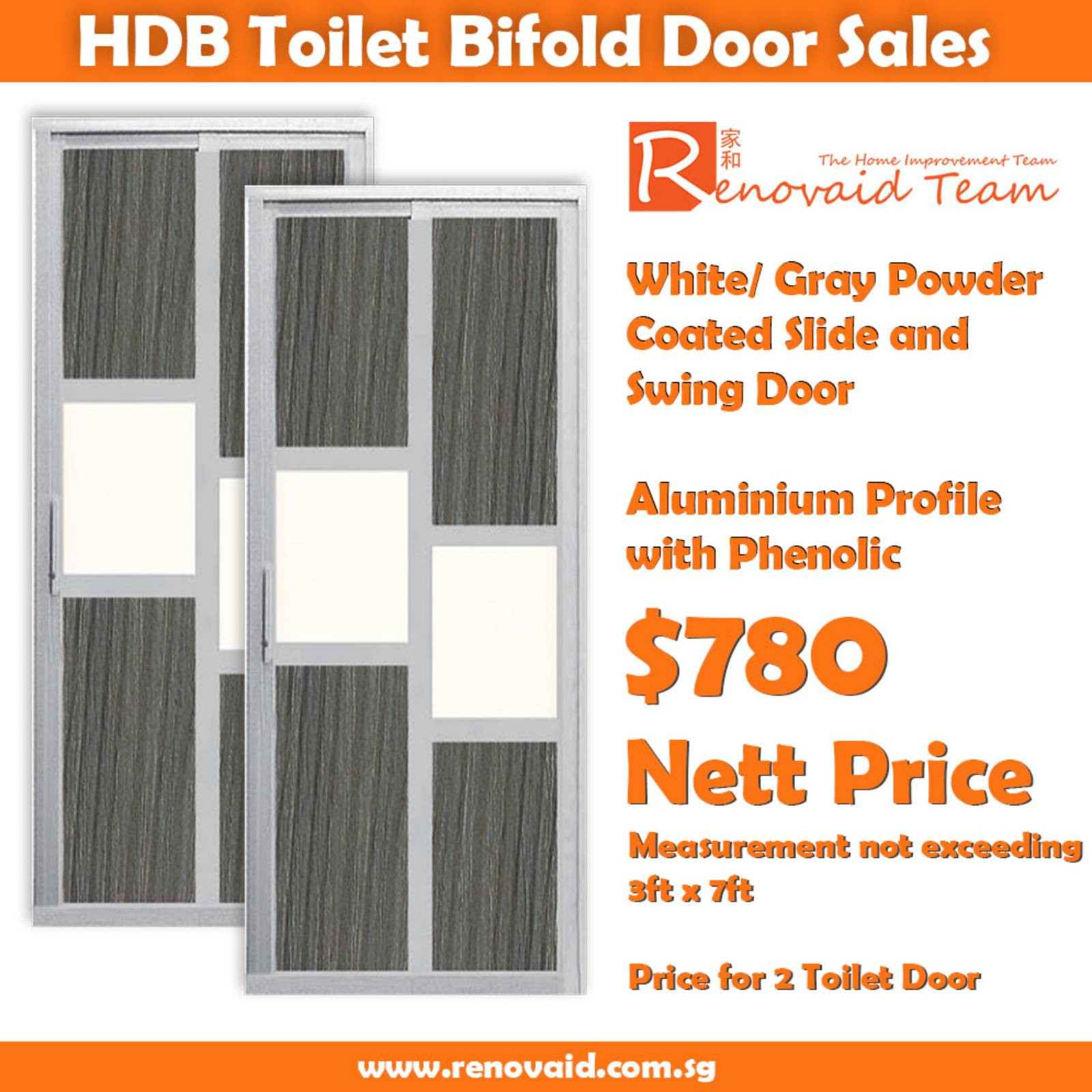 HDB Toilet Door Replacement - Slide and Swing Door x 2