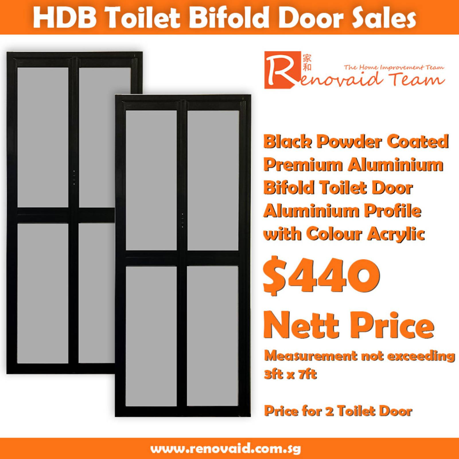 HDB Toilet Door Replacement - Black Powder Coated Premium Aluminium Bifold Toilet Door x 2
