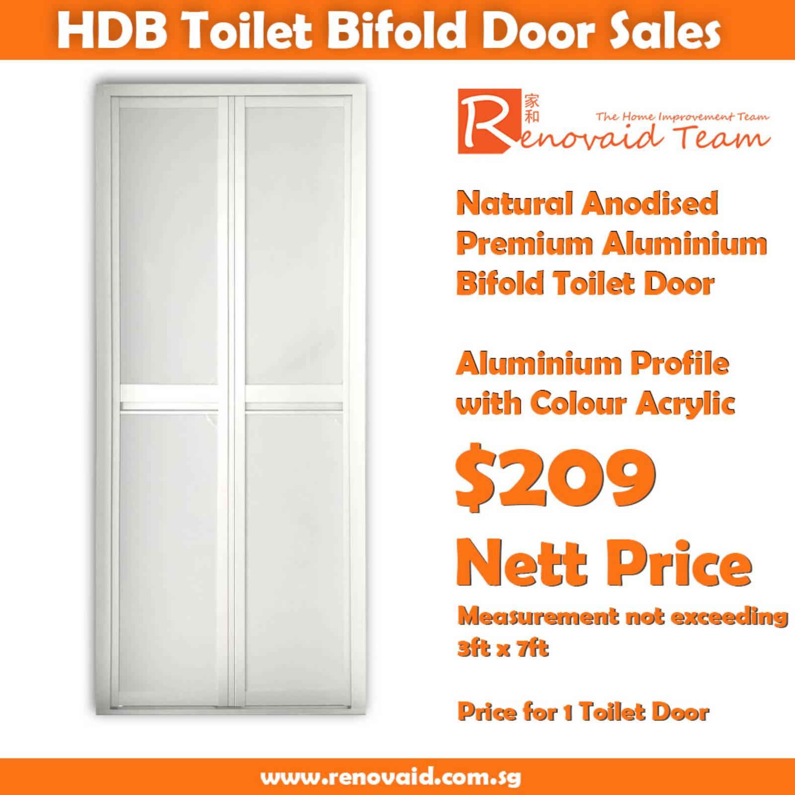 HDB Toilet Door Replacement - Natural Anodised (Silver) Premium Aluminum Bifold Door at Direct Factory Price x 1