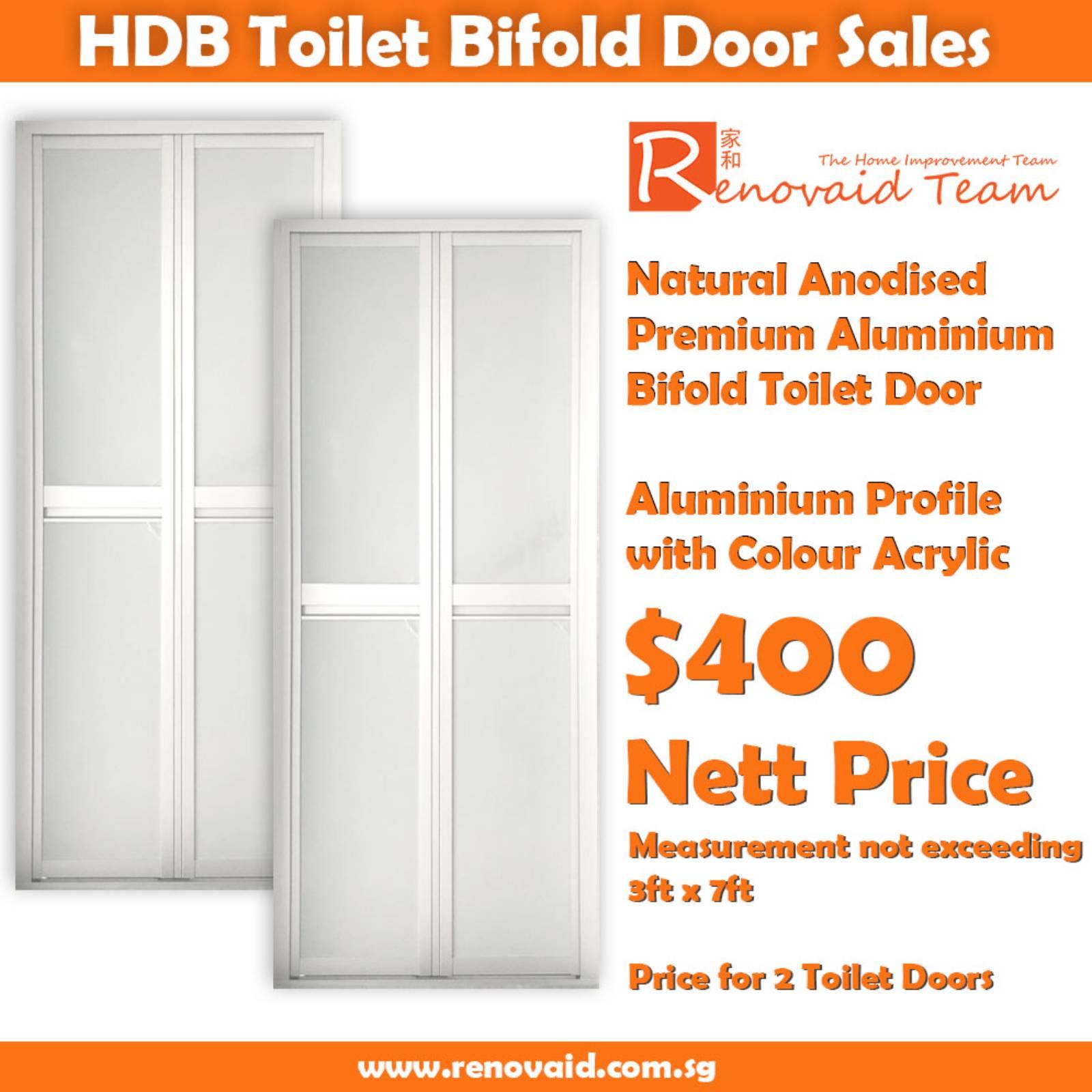 HDB Toilet Door Replacement - Natural Anodised (Silver) Premium Aluminum Bifold Door at Direct Factory Price x 2