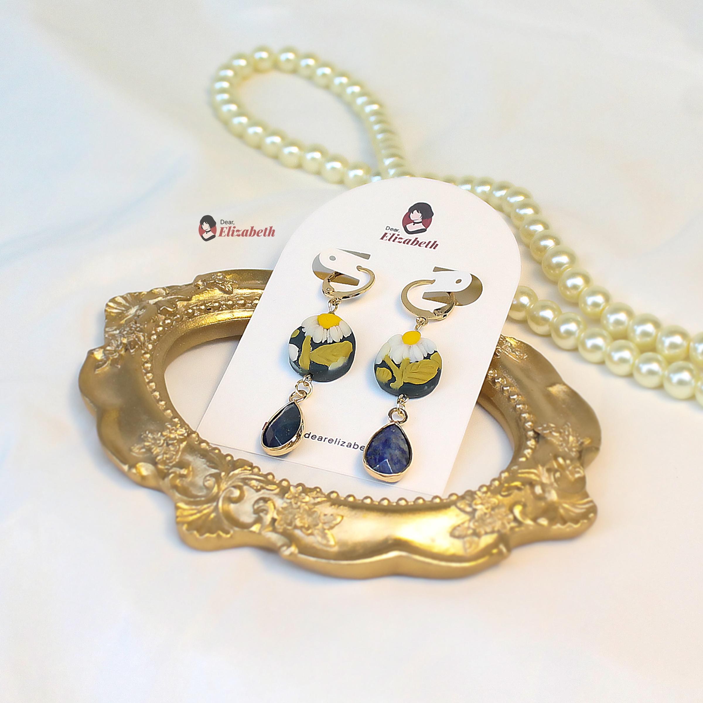 Daisies in Bloom Lapis Lazuli Pendant Dangling Earrings