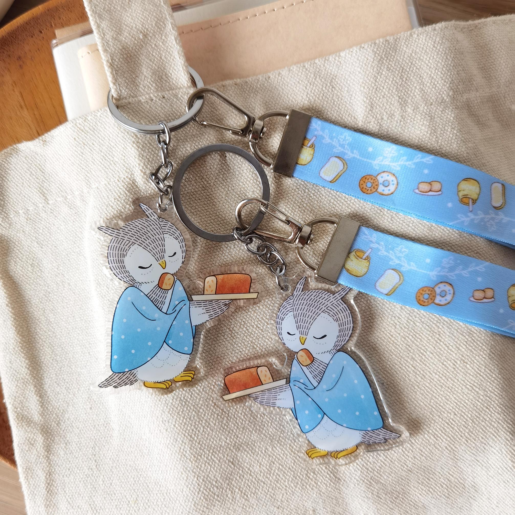 Owl & Orange Pound Cake - Wristlet Lanyard & Double Sided on Clear Acrylic Keychain