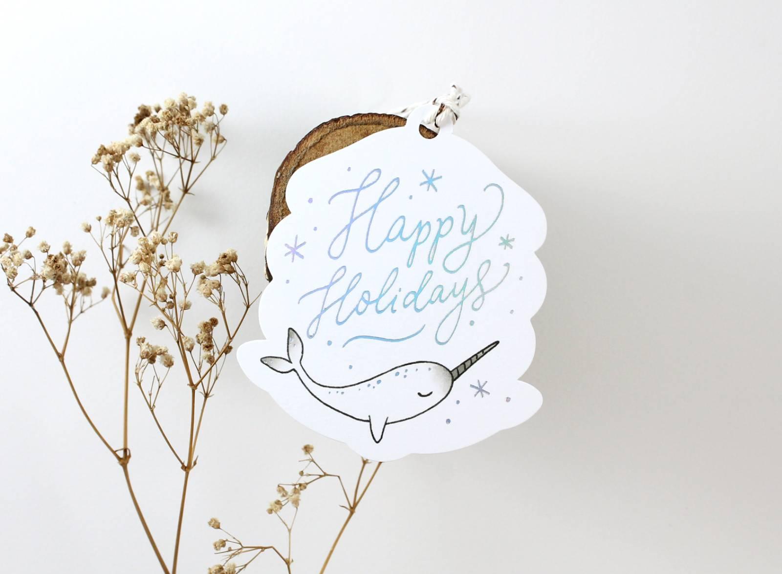 Happy Holidays Narwhal - Holographic Foil Christmas Gift Tags