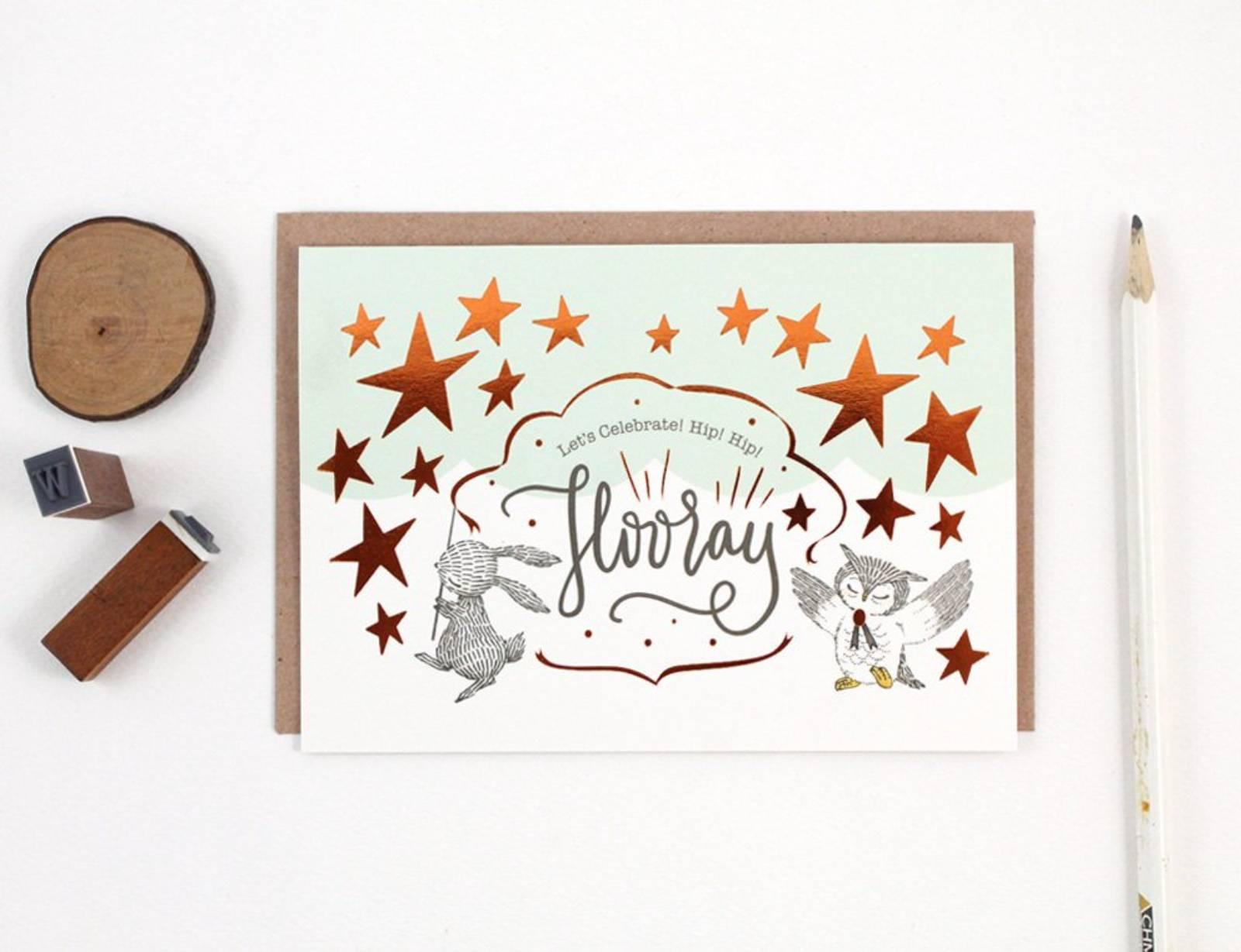 Let's Celebrate, Hip Hip Hooray - Copper Foil Greeting Card