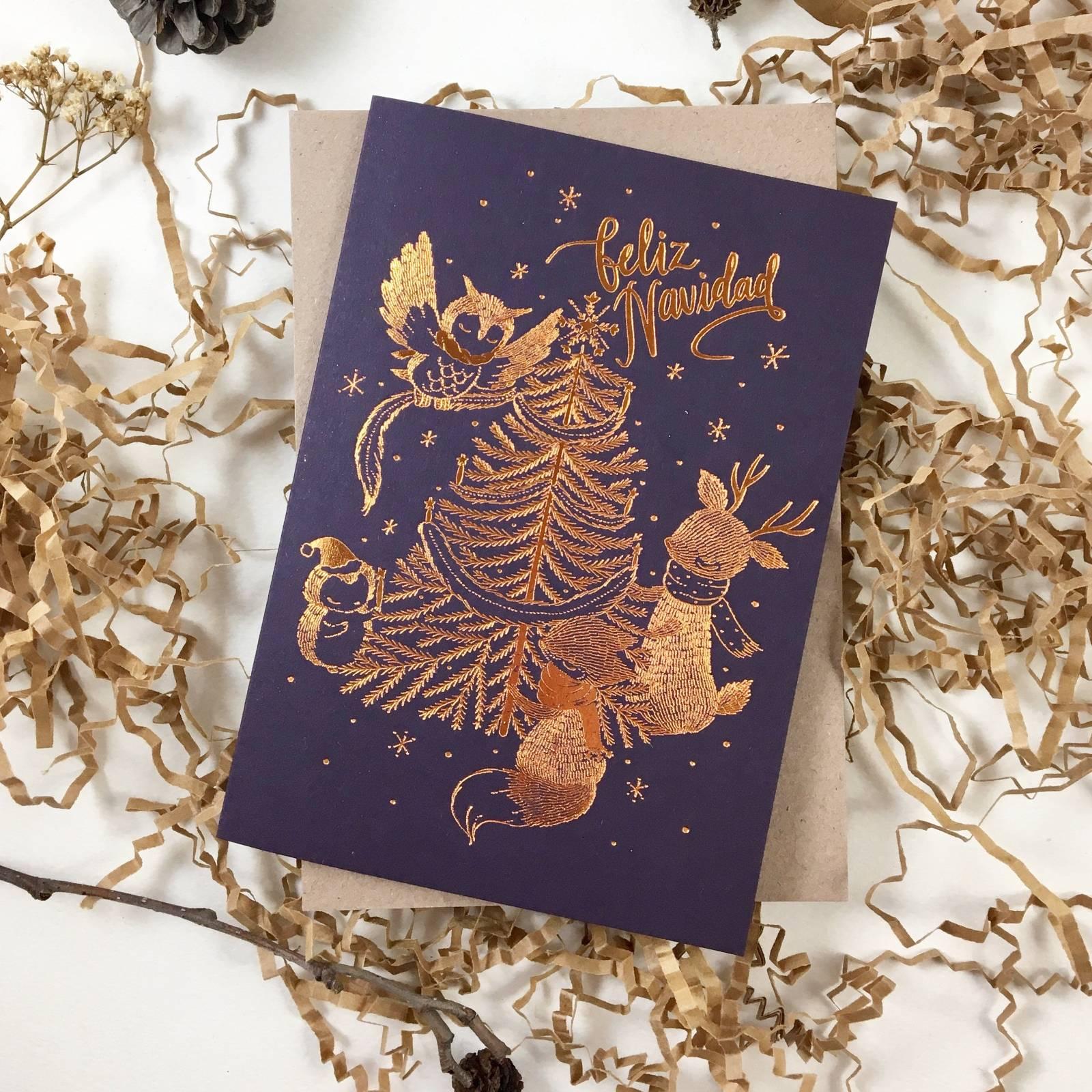 Furry Navidad - Copper Foil Christmas Greeting Card