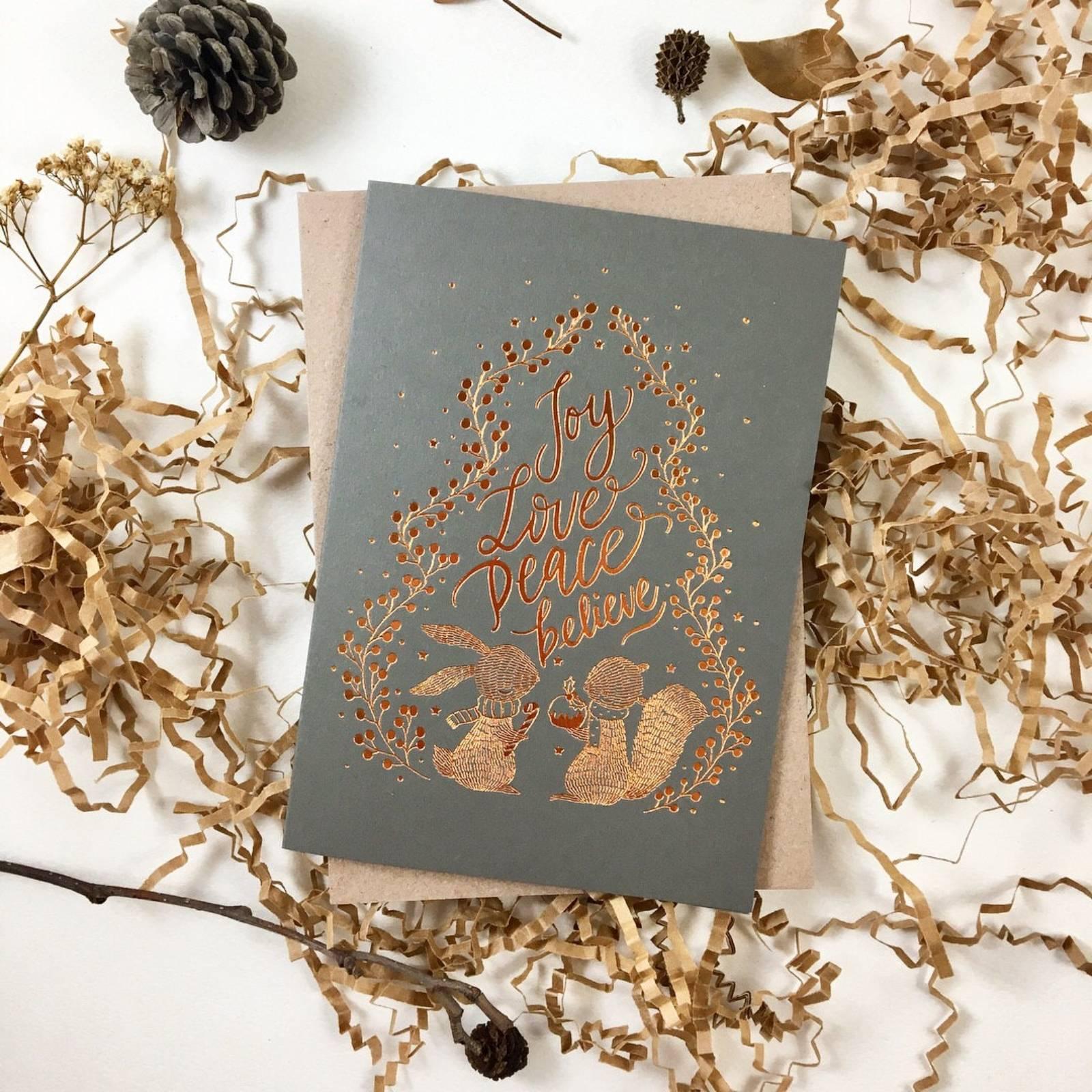 Joy, Love, Peace, Believe - Copper Foil Christmas Greeting Card