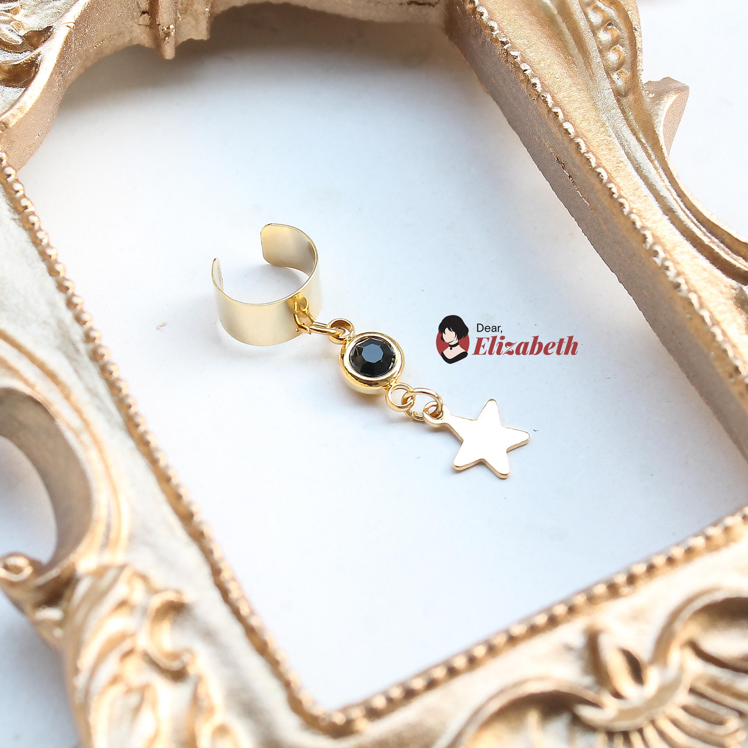 Black Rhinestone Crystal and Star Dangling Ear Cuff