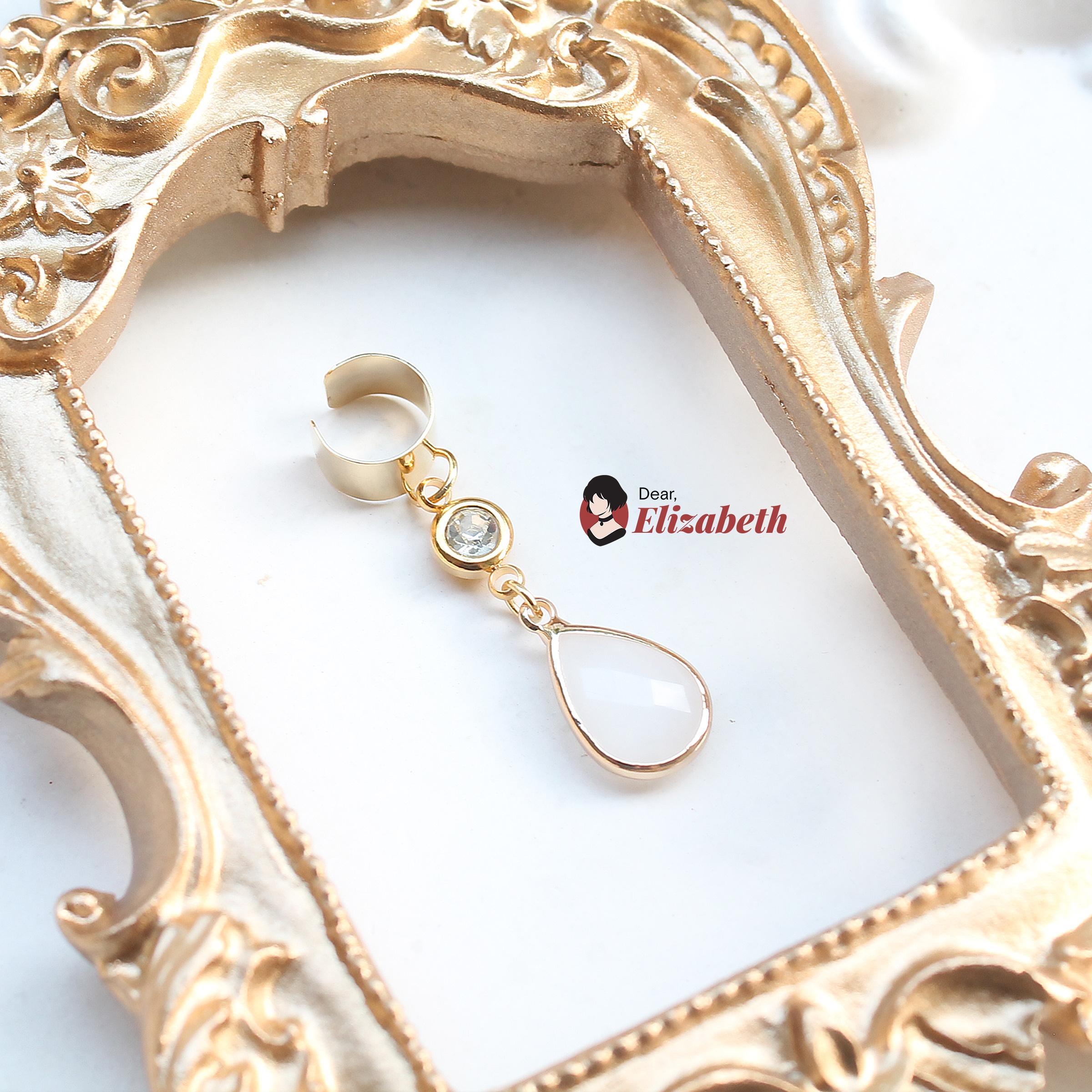 White Glass Droplet & Rhinestone Dangling Ear Cuff
