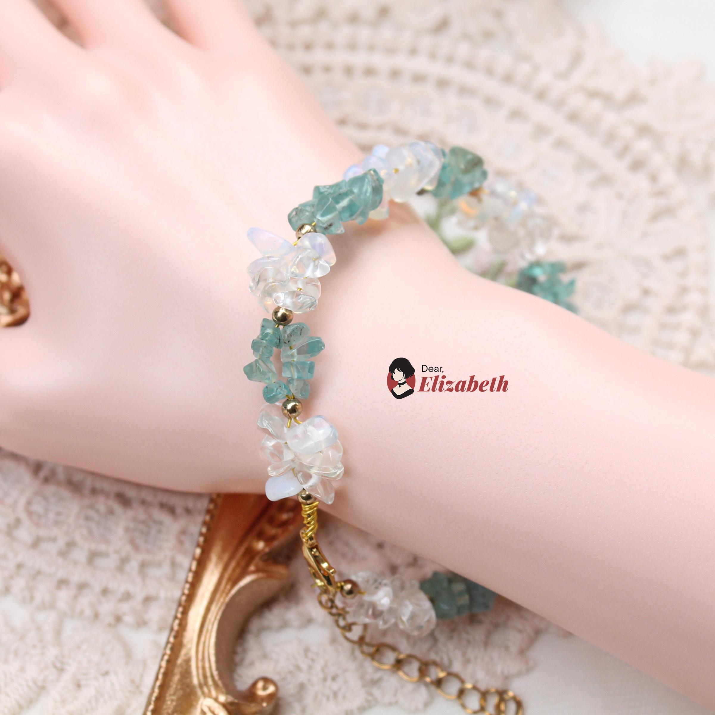 Dainty Pyroxene Jadeite & Opal Chipstones Wire Bracelet