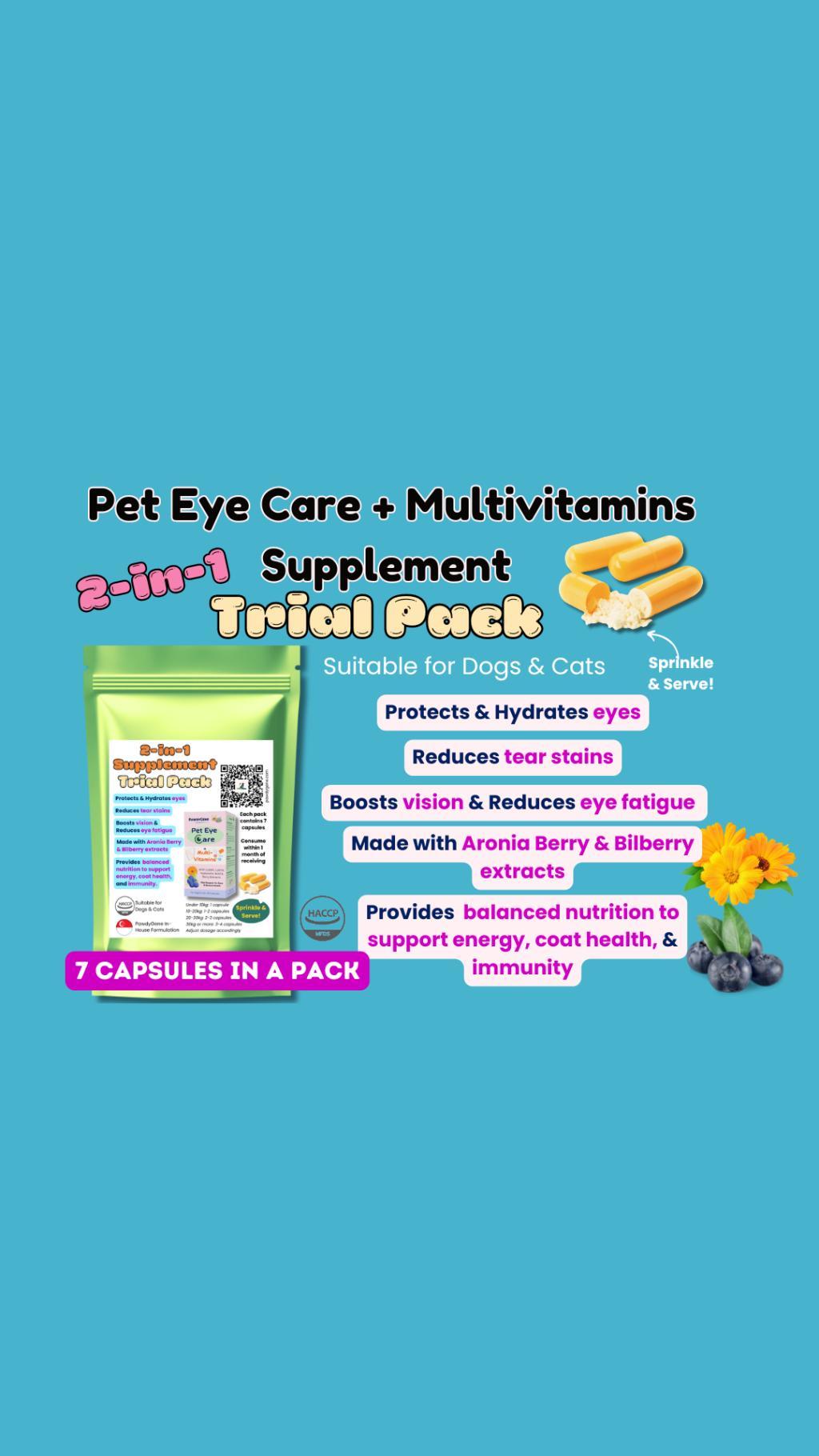 *Trial* PawdyGene 2-in-1 Pet Eye Care + Multivitamins w Lutein, Bilberry, Aronia Berry extracts Supplement Capsules