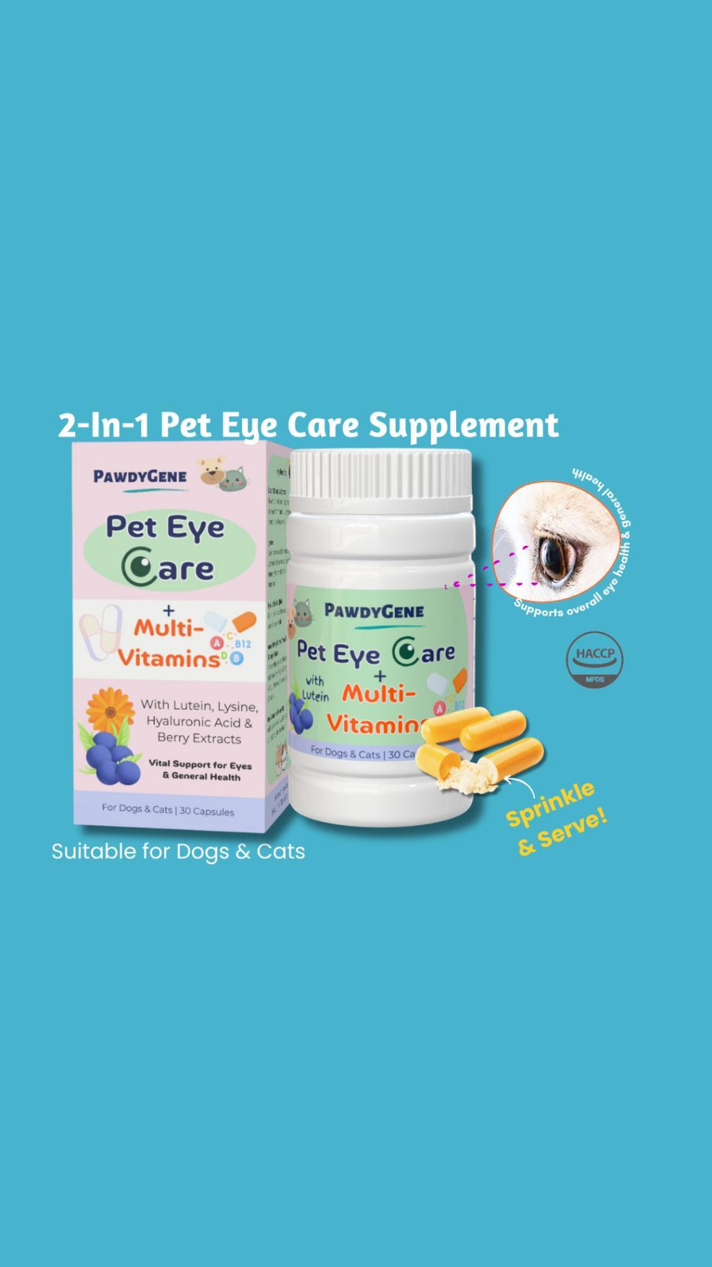PawdyGene 2-in-1 Pet Eye Care + Multivitamins with Lutein, Bilberry, Aronia Berry extracts Supplement Capsules