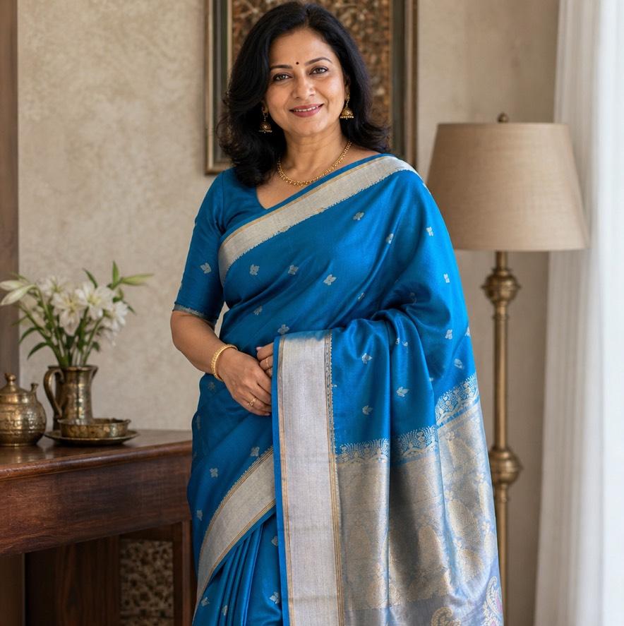 Soft Pure Kanchipuram Silk in Blue & Silver Combo