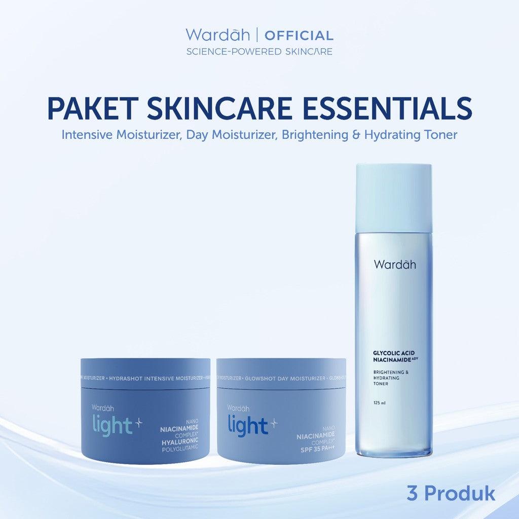 Wardah Lightening Paket Skincare Essentials (Day + Night + Face Toner) - Light+ Glowshot Day, Intensive Moisturizer, Face Toner
