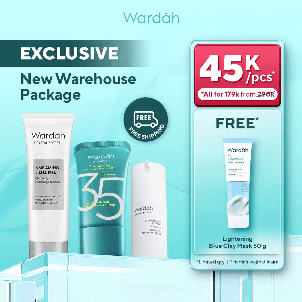 [EXCLUSIVE PACKAGE NEW WAREHOUSE FREE CLAY MASK!] Wardah Paket Skincare - UV Shield Acne Calming Sunscreen SPF 35 PA+++, Crysta…