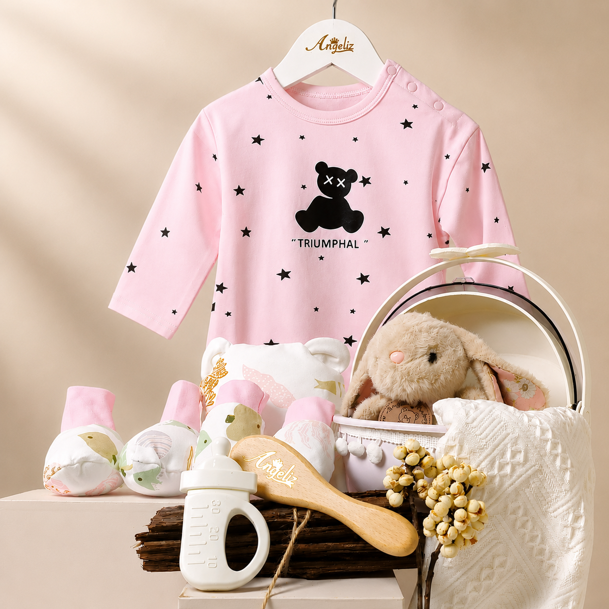 Angeliz Mini Cart Grooming Bunny Baby Hamper Gift Basket Set 9 Pcs- Pink