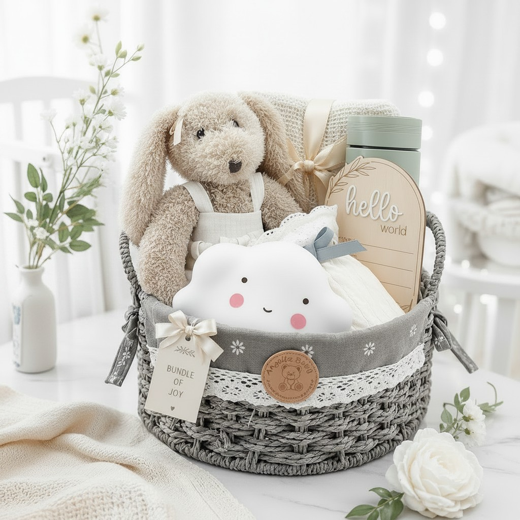 Angeliz Bunny Toys Basket Set With Flask & Nightlight Girl 9pcs