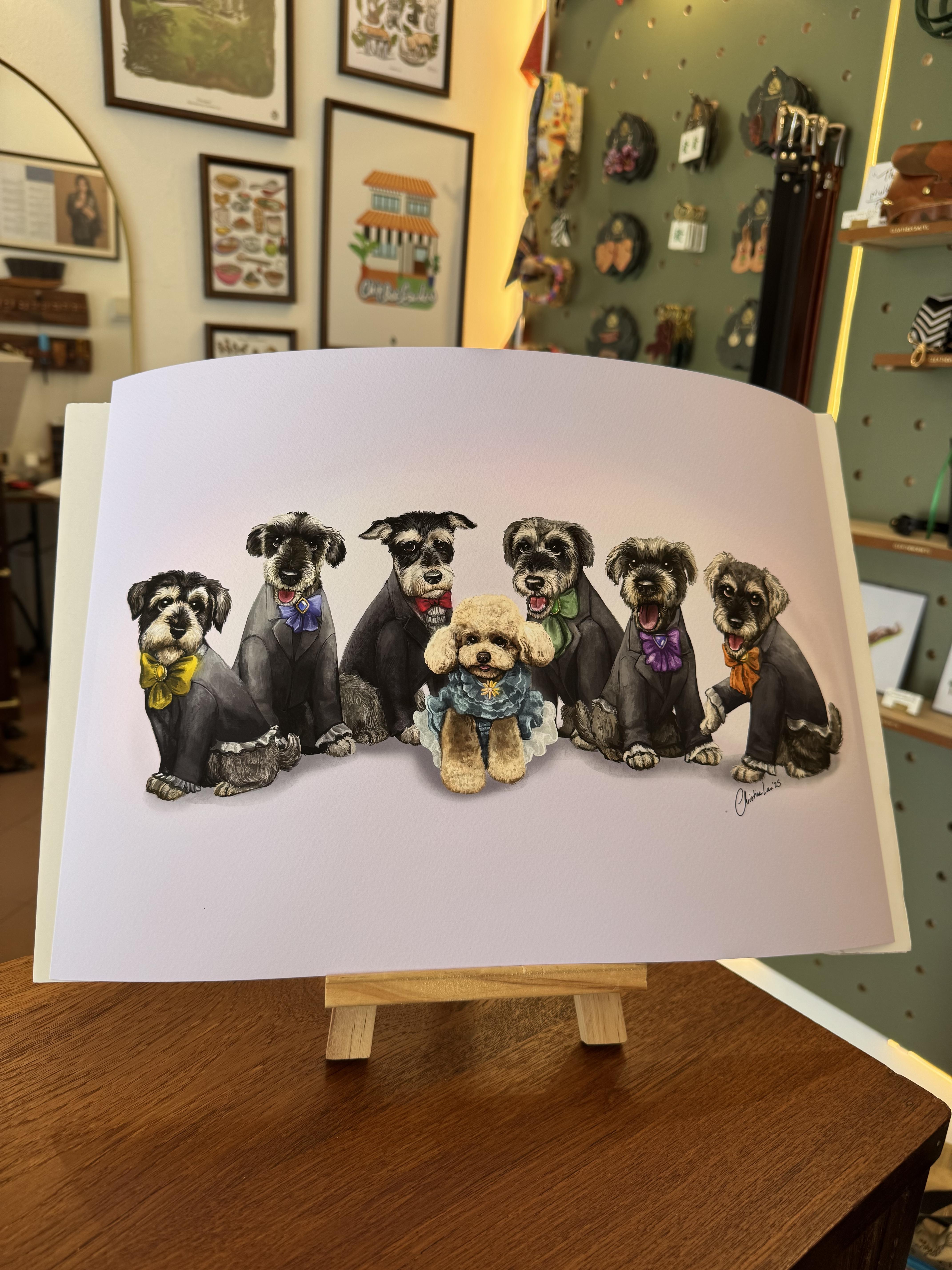 A custom illustration featuring 7 beloved dogs, past and present from dedicated Schnauzer owner. Illustrated digitally in colour, black and white and as a line drawing too. They were printed using the museum-grade Giclee printing method. A piece of art to stand the test of time!