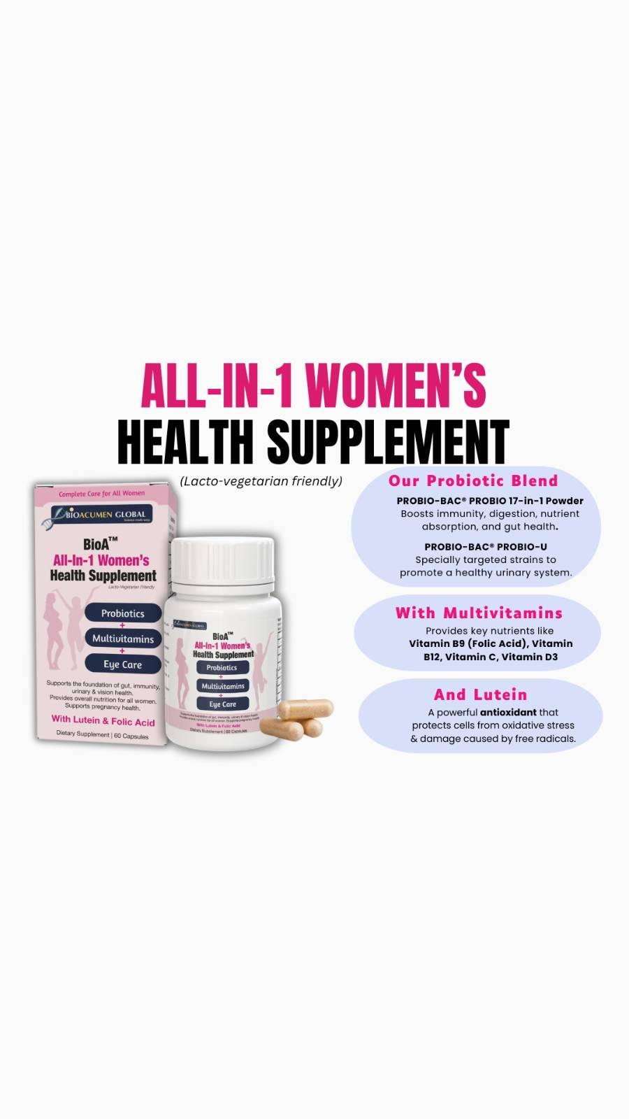 BioA™ All-In-1 Women's Health Supplement (Probiotics+Multivitamins+Lutein+ Cranberry Extract)