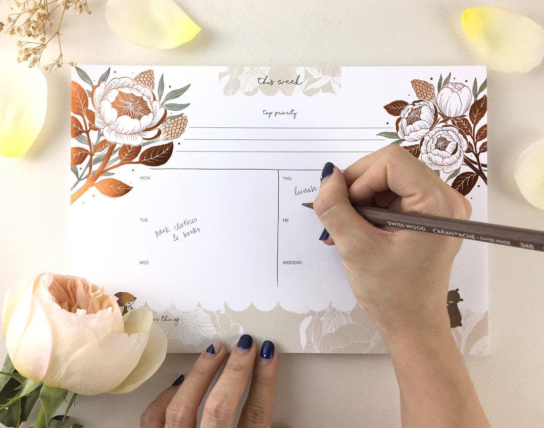 Copper Foil Weekly Desk Planner - Fox, Bear & David Austin Rose | Botanical Collection