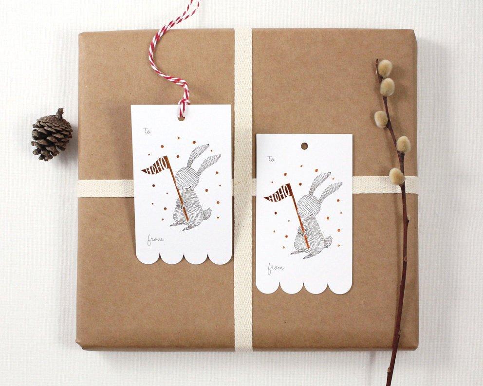 Winter Rabbit Christmas Gift Tags - Copper Foil on White Card