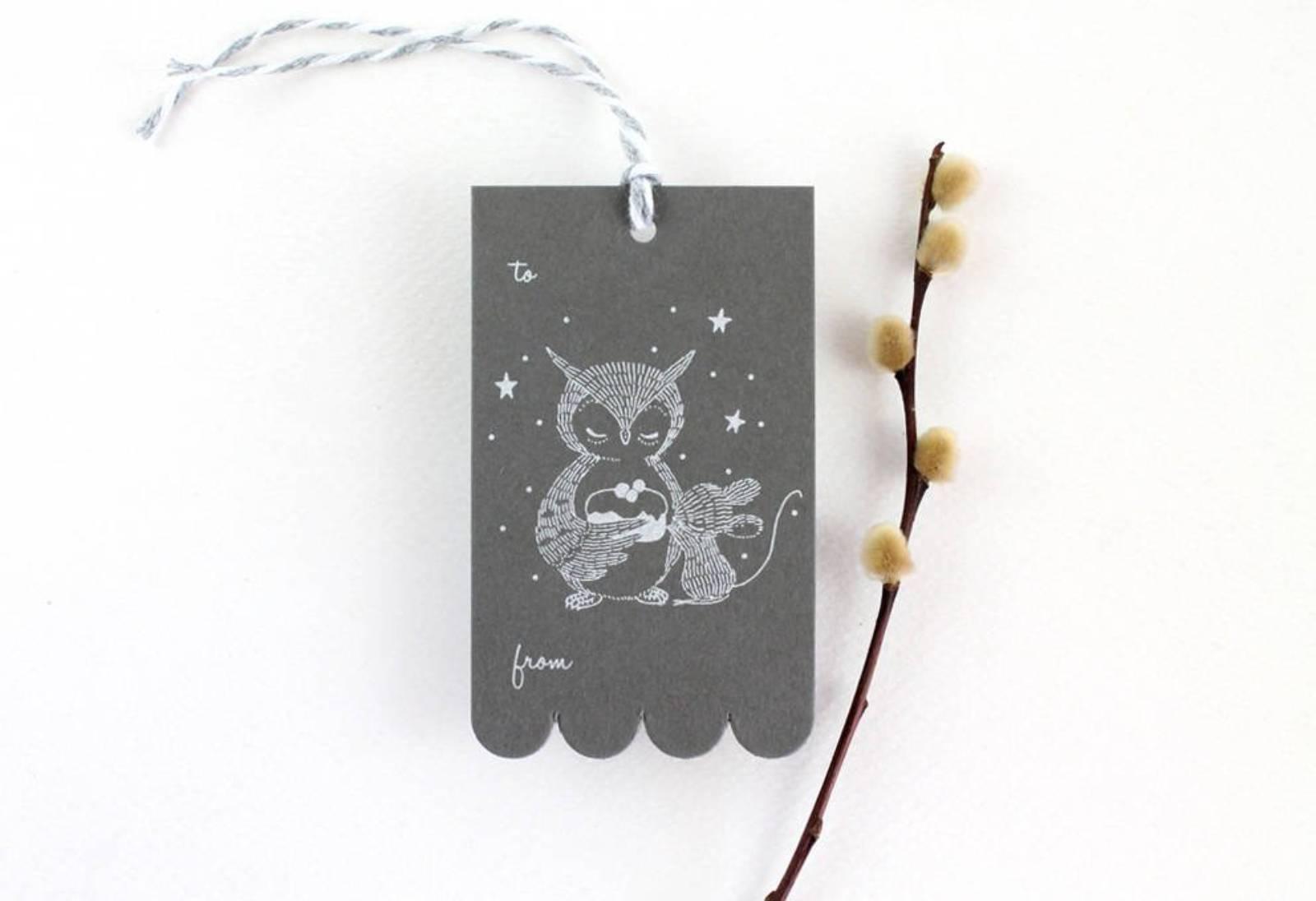 Owl, Mouse & Sweet Cake Gift Tags – Silver White Ink on Sombre Grey Card