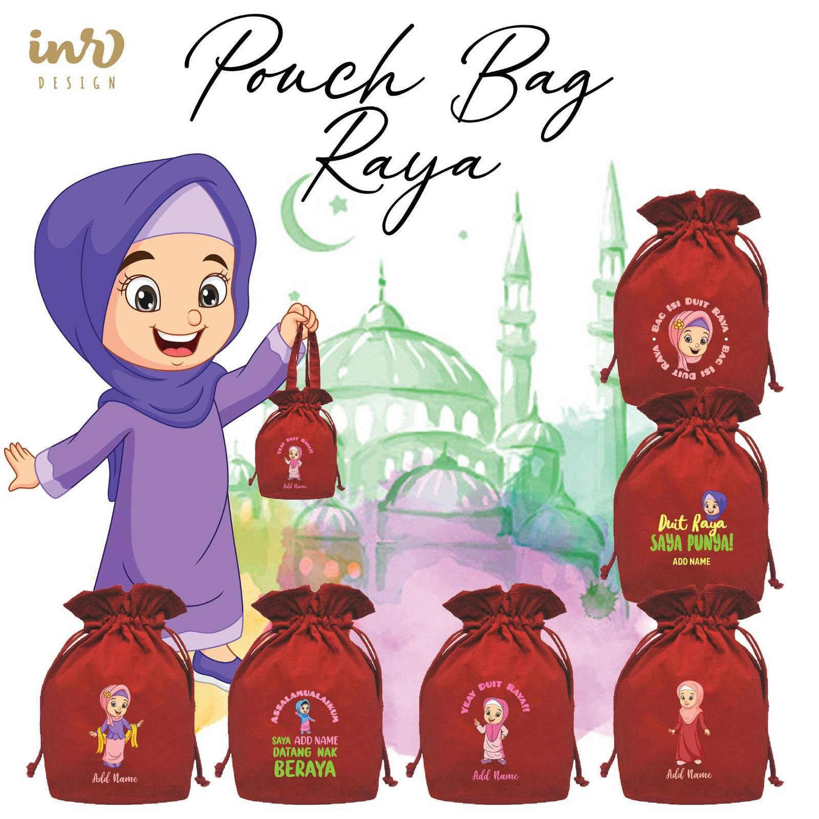 Bag Duit Raya Kain Canvas Tema Merah - Pouch Bag Raya Canvas Dengan Tali Pengikat