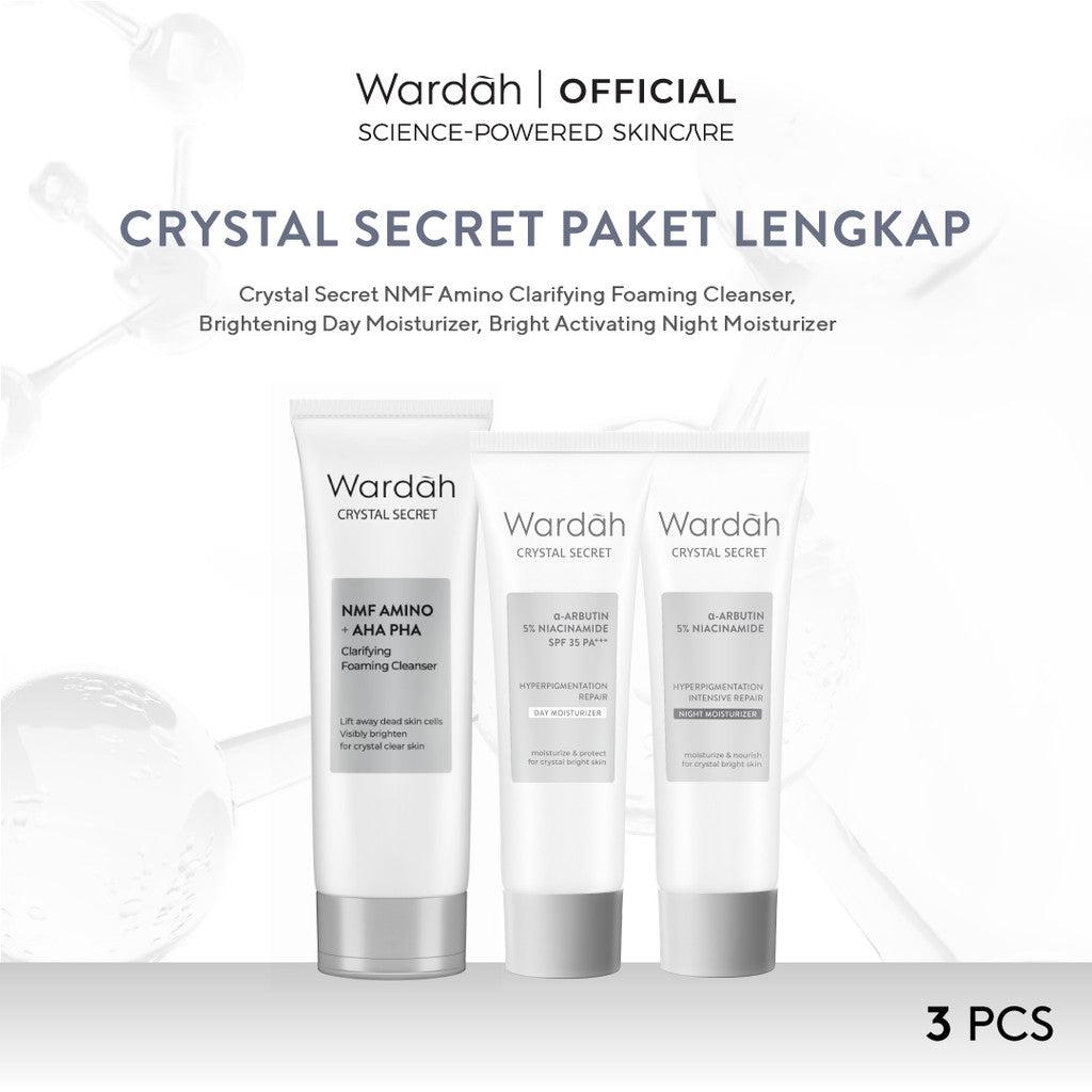 WARDAH Paket Crystal Secret Lengkap - NMF Amino + AHA PHA Clarifying Foaming Cleanser 100 m, a-Arbutin 5% Niacinamide Day Moist…