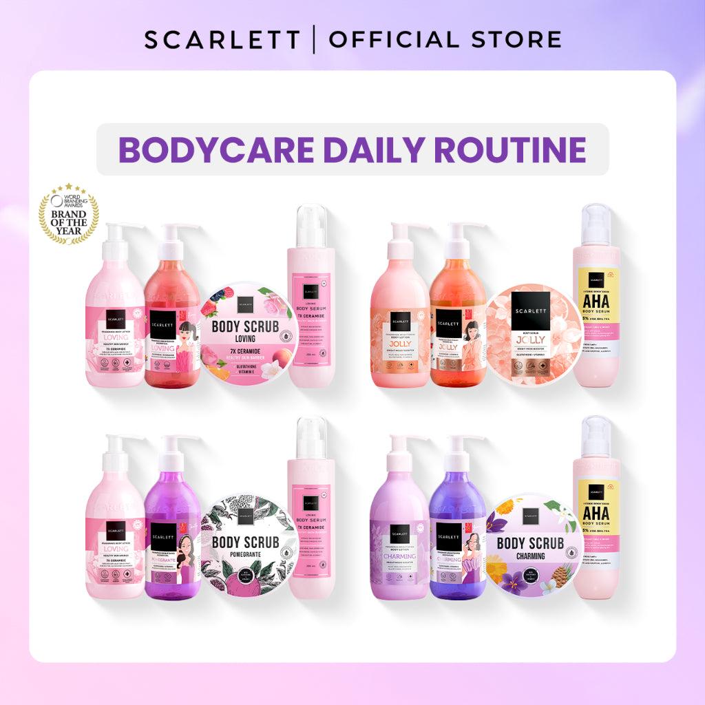 SCARLETT 4in1 Bodycare Daily Routine Body Scrub + Shower Scrub + Body Serum + Body Lotion Paket Sehari-hari Mencerahkan Kulit |