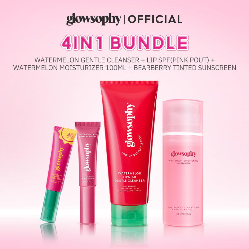 Glowsophy Bundle 4in1 Radiant Refresh Set Watermelon Low ph Cleanser +Watermelon Moist 100ml + Lip SPF + Bearberry Tinted Sunsc…