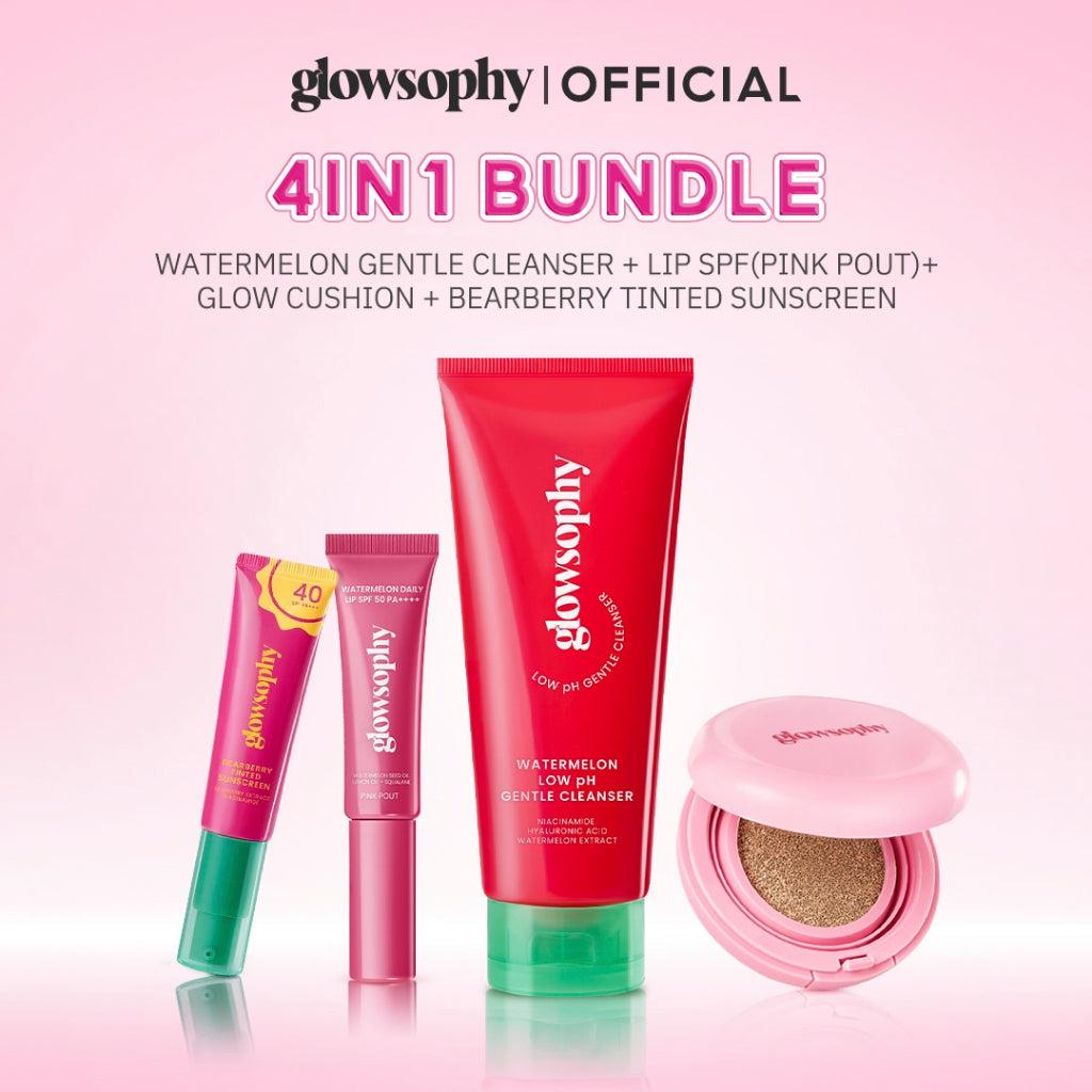 Glowsophy Bundle 4in1 Fresh & Flawless Set Low ph Cleanser + Glow Cushion + Lip SPF + Bearberry Tinted Sunscreen - Melindungi d…