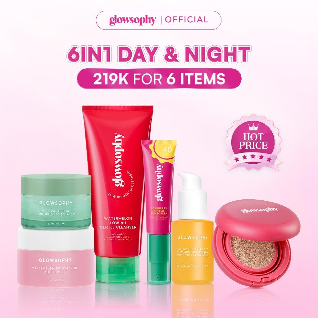 Glowsophy Bundle 6in1 Day & Night Series Cushion + Sunscreen + Gentle Cleanser + Moisturizer + Pineapple Serum