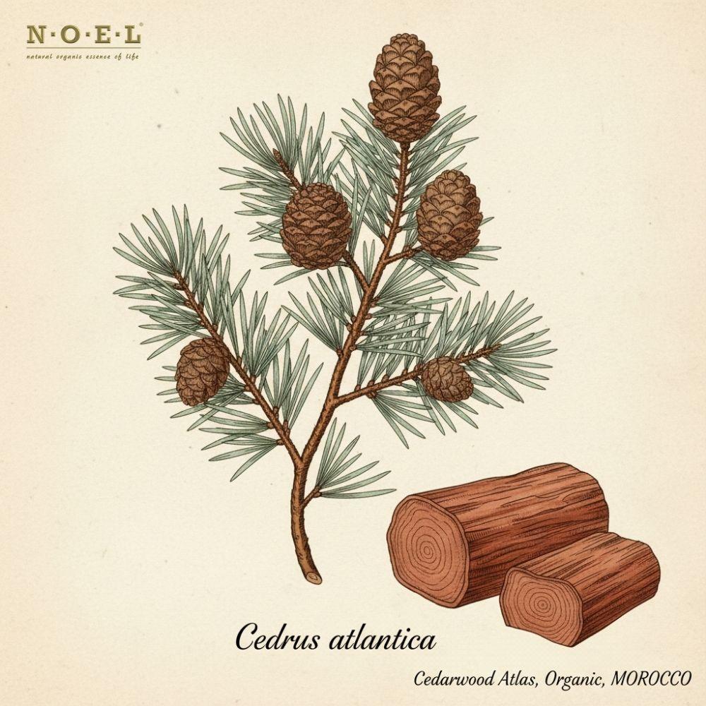 18th-century botanical illustration of Cedrus atlantica Cedarwood Atlas Organic from Morocco. Blue-green needle clusters with upright cones and reddish-brown wood chunks on cream parchment, elegant scientific labeling.