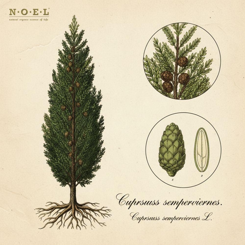 Cupressus sempervirens Cypress Leaf Organic from Spain. Tall slender evergreen tree silhouette, feathery scale-like foliage, rounded cones, fresh leaves on cream parchment.