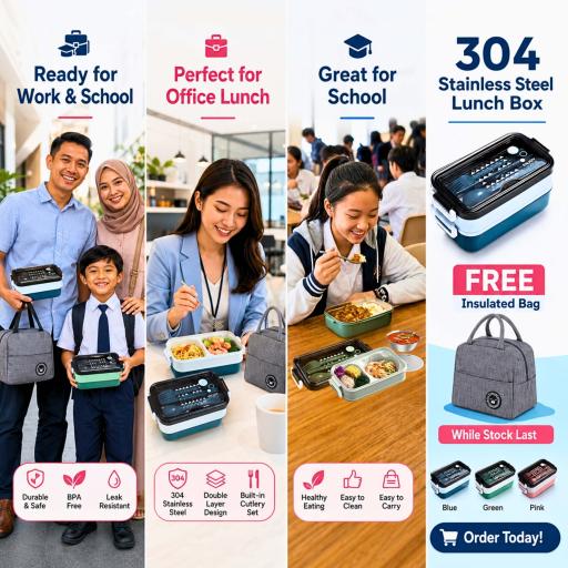 304 Stainless Steel Double Layer Lunch Box with Insulated Bag, 1.5L Bekas Makanan Tahan Panas - image 8