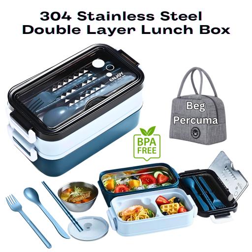 304 Stainless Steel Lunch Box Bekas Makanan Tahan Panas 1.5L Double Layer Bento Set and Bag BPA Free - image 1