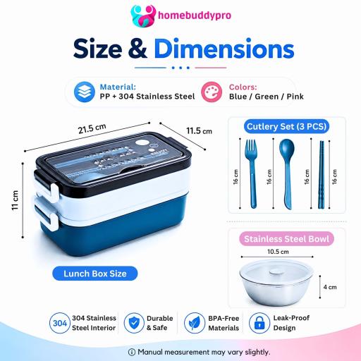 304 Stainless Steel Double Layer Lunch Box with Insulated Bag, 1.5L Bekas Makanan Tahan Panas - image 4
