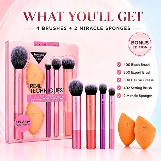 Real Techniques Everyday Essentials Makeup Brush Set RT Berus Solek with Bonus Sponge - image 2