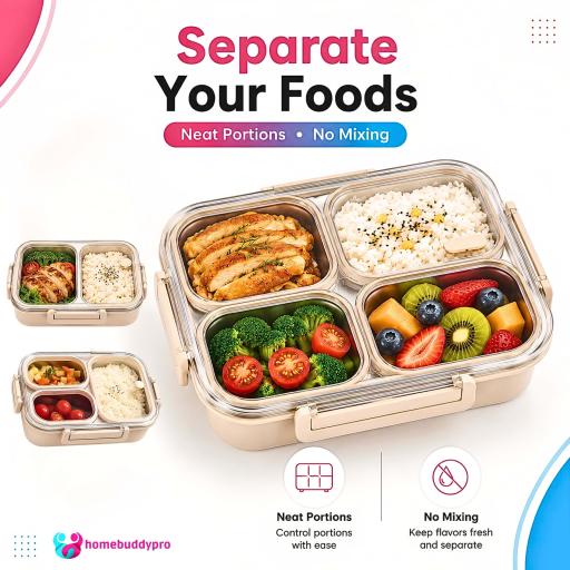 HomeBuddyPro 304 Stainless Steel Lunch Box 2/3/4 Compartments Anti-Leak Bento Box Set Bekas Makanan - image 7