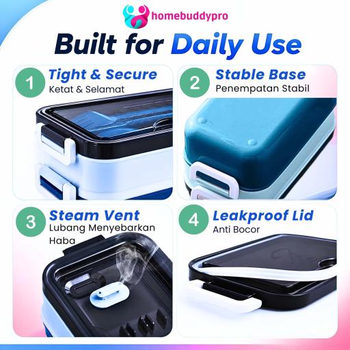 304 Stainless Steel Double Layer Lunch Box with Insulated Bag, 1.5L Bekas Makanan Tahan Panas - image 5