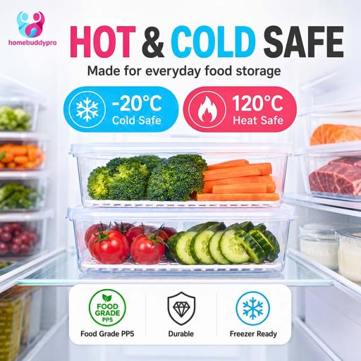 Refrigerator Freezer Storage Box with Drain Tray, Stackable Food Container - image 9