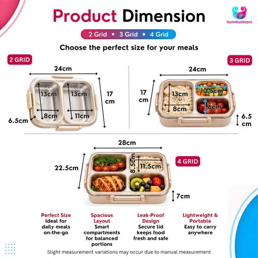 HomeBuddyPro 304 Stainless Steel Lunch Box 2/3/4 Compartments Anti-Leak Bento Box Set Bekas Makanan - image 2