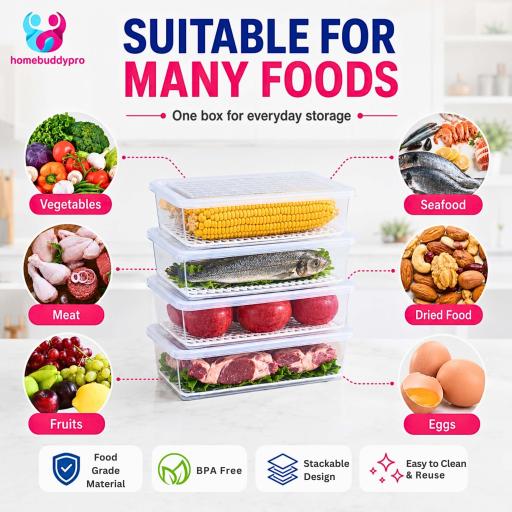 Refrigerator Freezer Storage Box with Drain Tray, Stackable Food Container - image 6