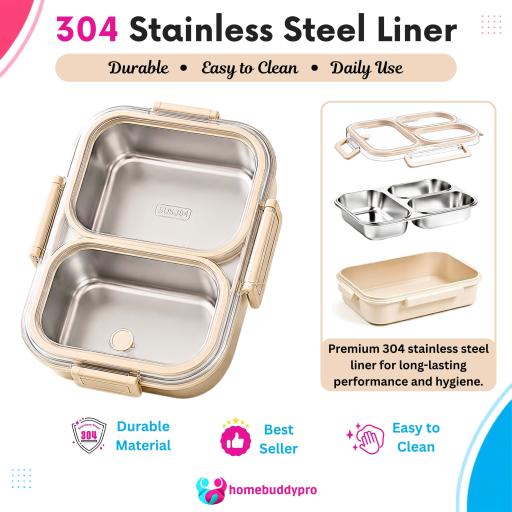HomeBuddyPro 304 Stainless Steel Lunch Box 2/3/4 Compartments Anti-Leak Bento Box Set Bekas Makanan - image 3