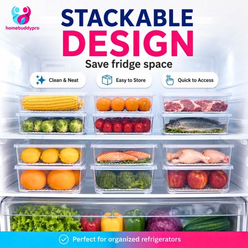 Refrigerator Freezer Storage Box with Drain Tray, Stackable Food Container - image 3