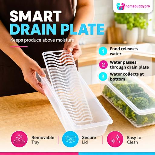 Refrigerator Freezer Storage Box with Drain Tray, Stackable Food Container - image 4