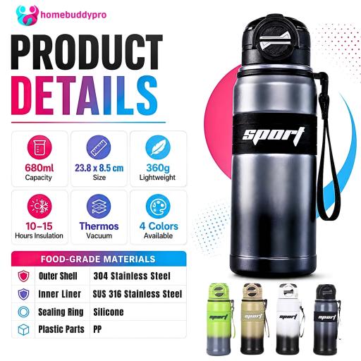 316 Stainless Steel Vacuum Insulated Tumbler 680ml, Leakproof BPA-Free Water Bottle - image 2
