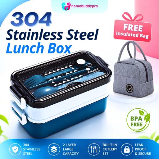 304 Stainless Steel Double Layer Lunch Box with Insulated Bag, 1.5L Bekas Makanan Tahan Panas - image 1