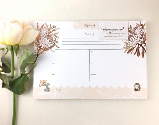 Rabbit, Hedgehog & King Protea - Copper Foil Weekly Desk Planner | Botanical Collection - https://hitpay-production.s3.ap-southeast-1.amazonaws.com/products/9df6eac8bc224e0a82b759c6e58cb344.jpeg