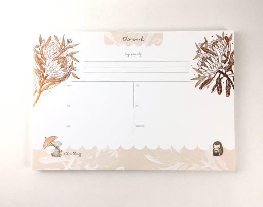 Rabbit, Hedgehog & King Protea - Copper Foil Weekly Desk Planner | Botanical Collection - https://hitpay-production.s3.ap-southeast-1.amazonaws.com/products/9df6eacb2bd54d319455d3984fd67e7b.jpeg