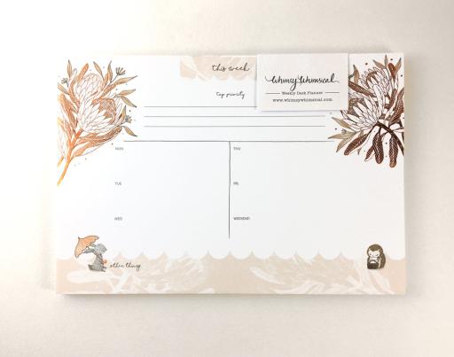 Rabbit, Hedgehog & King Protea - Copper Foil Weekly Desk Planner | Botanical Collection - https://hitpay-production.s3.ap-southeast-1.amazonaws.com/products/9df6eacc06ac4c1f805d1819c2fb7acc.jpeg